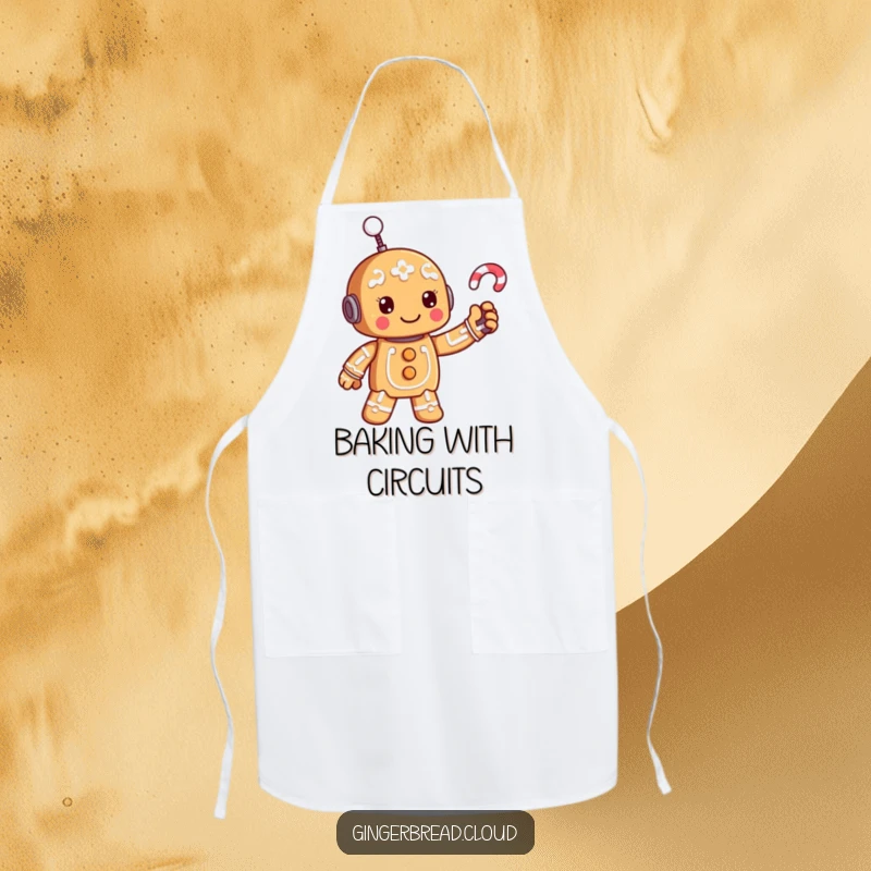 Funny gingerbread robot apron, practical and humorous kitchen wear for tech enthusiasts.