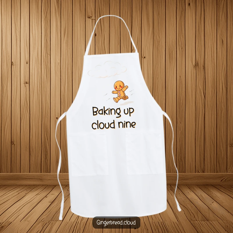 Funny apron showcasing a gingerbread character running enthusiastically through a cloudy sky, ready for kitchen action.