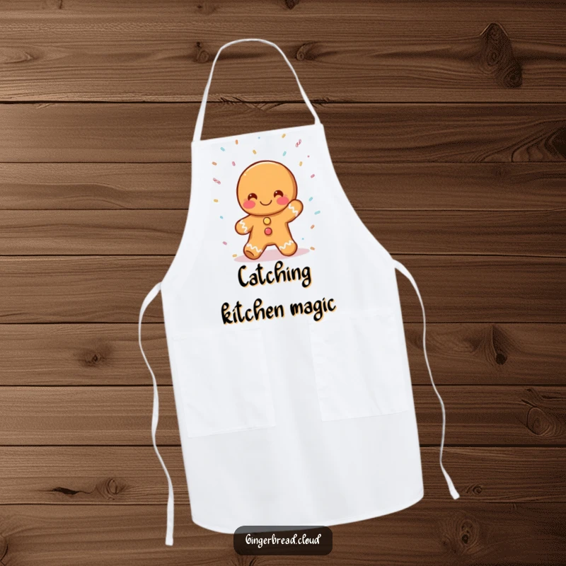 Funny gingerbread person apron, catching falling sprinkles, sweet and humorous kitchen wear, perfect funny gift for bakers.