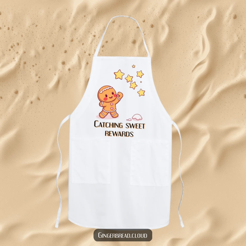 Funny gingerbread character attempting to catch falling sugar stars, whimsical cooking apron, sweet and magical kitchen accessory.