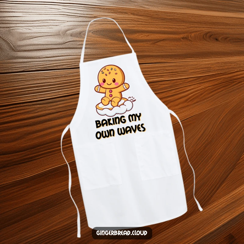 Funny Apron: Kitchen wear featuring a cute gingerbread cookie with sprinkles, surfing on a cloud like a surfboard.