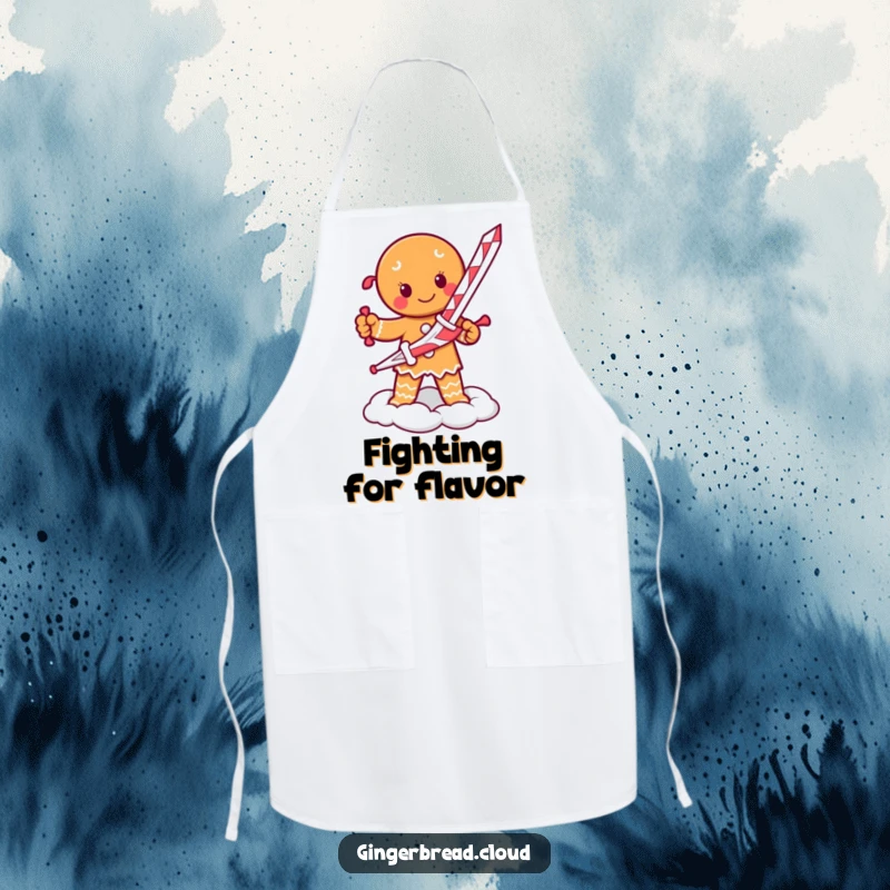 Funny apron showing a determined gingerbread person with a candy cane sword, ready to conquer the kitchen.