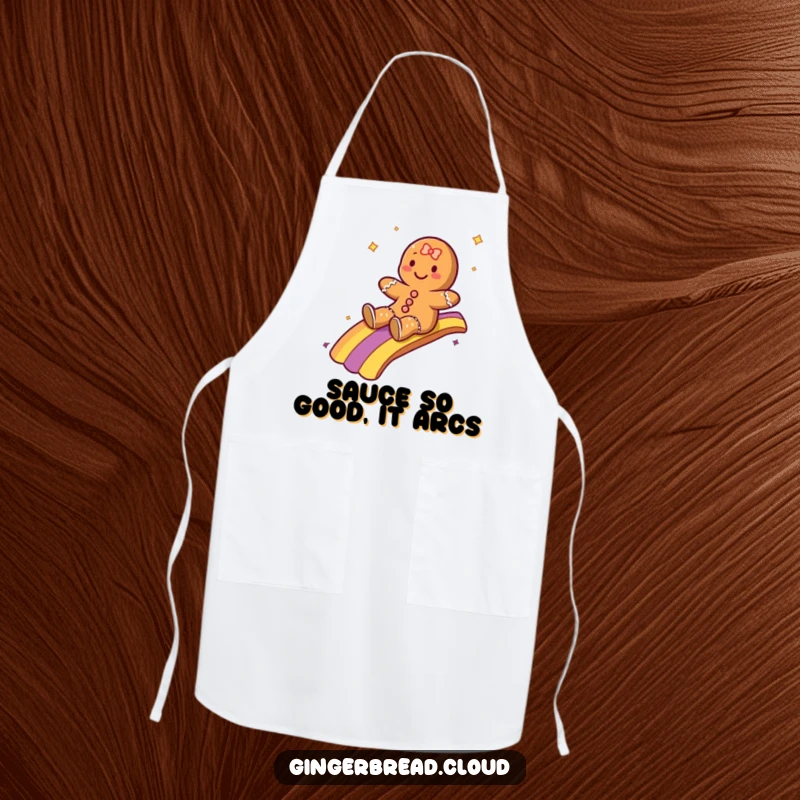 Funny apron showing a gingerbread character sliding with glee down a rainbow, adding a playful touch to cooking.