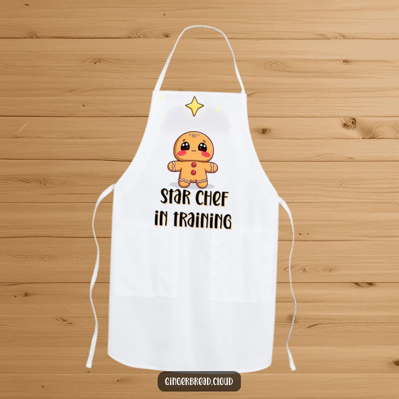 Funny gingerbread character looking up at a starry sky, featured on a practical kitchen apron.