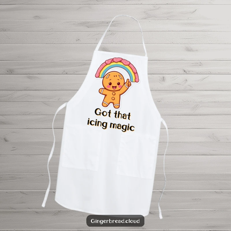 Excited gingerbread character pointing at an icing rainbow, illustrated on a kitchen apron for joyful cooking and baking.