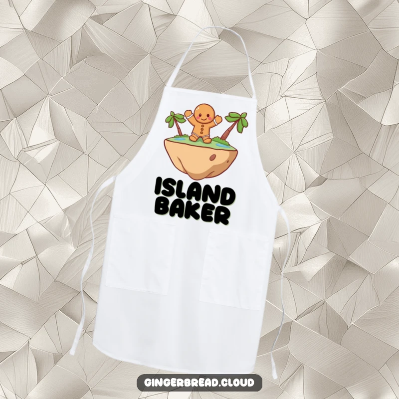 Funny Apron featuring a cheerful gingerbread man waving from a floating island, a whimsical and humorous kitchen accessory for sweet creations.