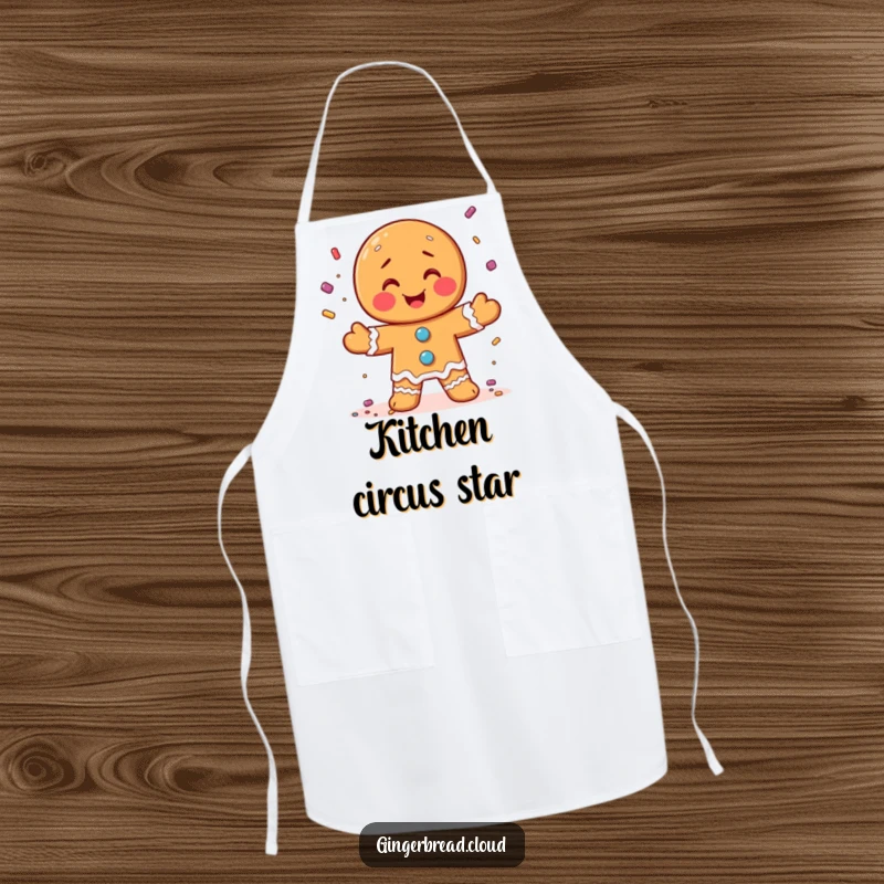 Funny apron showing a gingerbread man juggling candy sprinkles, bringing a playful vibe to cooking.