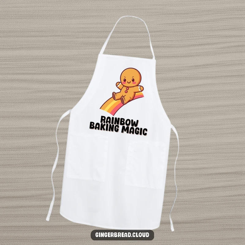 Funny gingerbread character sliding down a rainbow, featured prominently on this durable kitchen apron. Great for magical cooking.