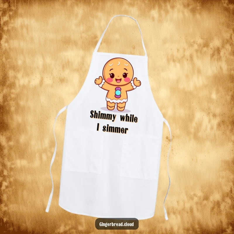 Funny apron: A gingerbread person with candy buttons dances energetically while cooking, bringing humor to the kitchen.