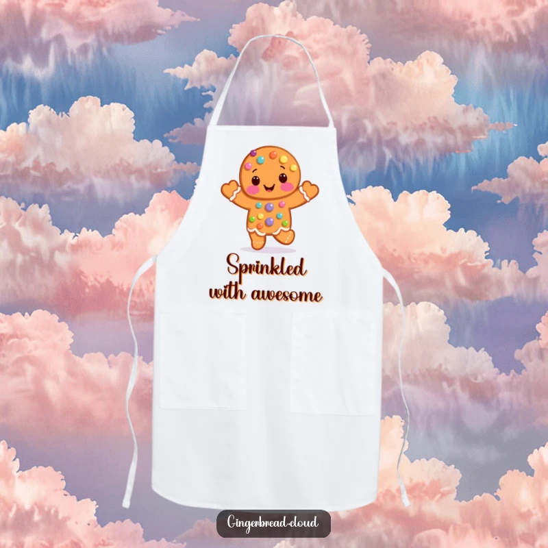 Funny Apron designed with a happy gingerbread man covered in candy dots, mid-hop, ready for kitchen fun.
