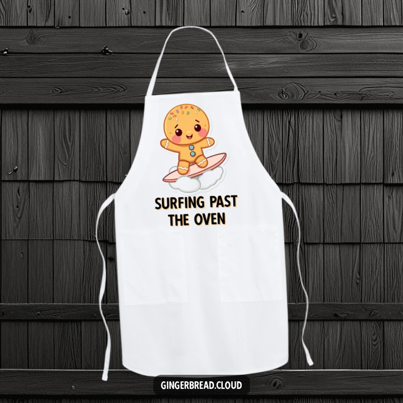Funny Gingerbread Cookie Apron: A cute gingerbread character surfs a cloud, a funny and functional baking accessory.