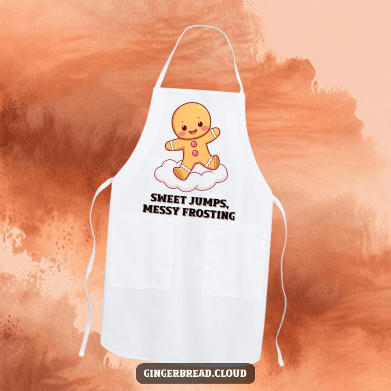 Funny apron showing a happy gingerbread person skipping on a cloud, bringing a playful and joyful touch to any cooking session.