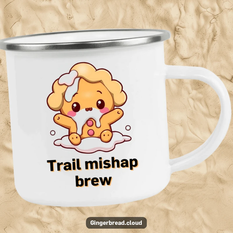 Funny camping mug: A surprised gingerbread cloud character spills icing, ready for outdoor fun and mishaps.