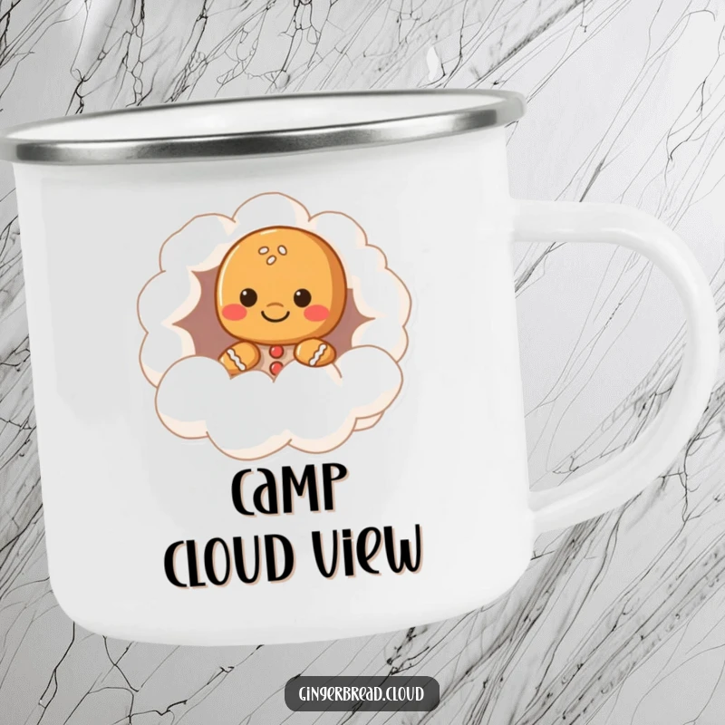 Funny gingerbread character camping mug, peeking from a cloud hollow, whimsical and durable outdoor drinkware, perfect funny gift.