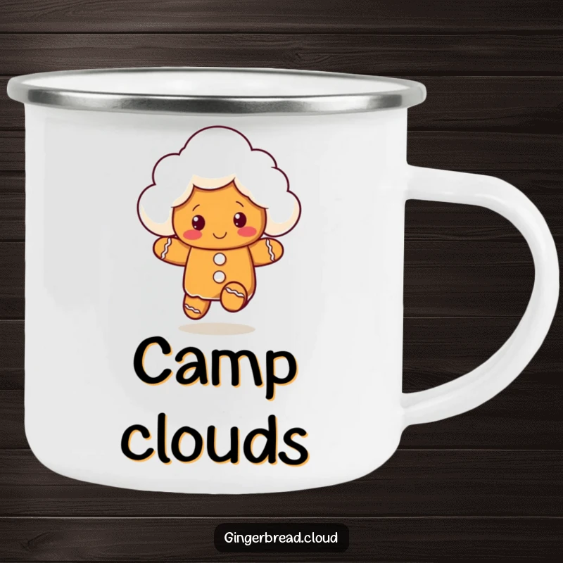 Funny camping mug showing a gingerbread cloud character bouncing playfully, perfect for adventurers who love fun.