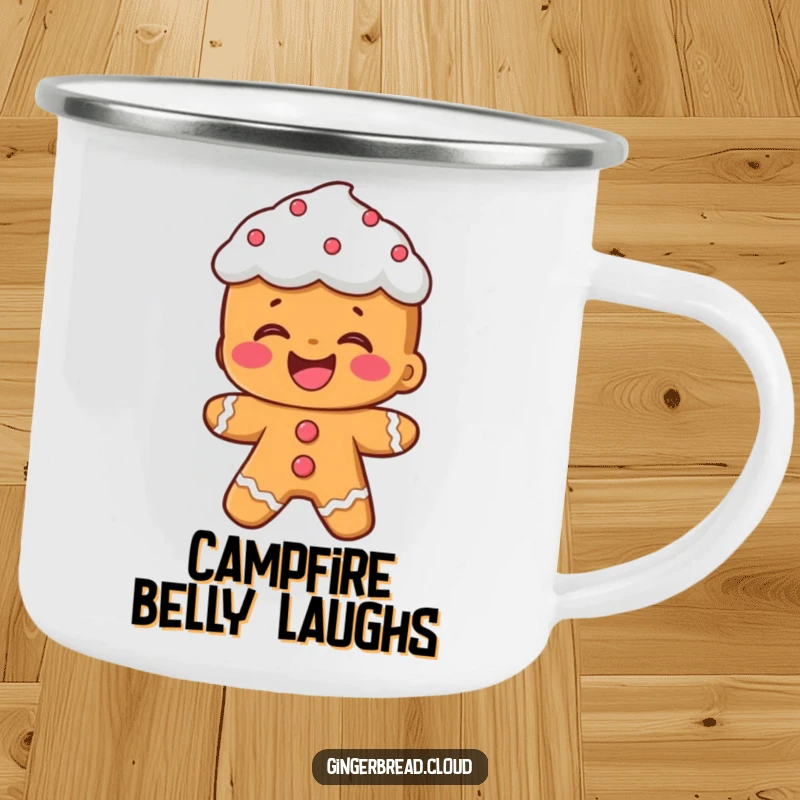 Funny camping mug: A gingerbread person with frosting hair laughs heartily, ready for outdoor adventures.