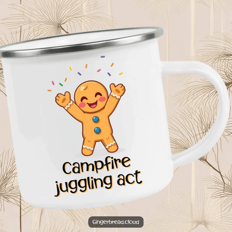 Funny gingerbread camping mug featuring a smiling character joyfully juggling colorful sprinkles, perfect for outdoor fun.