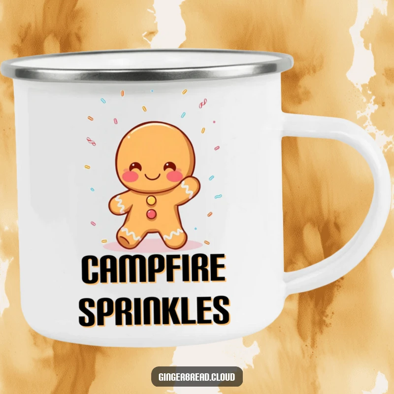 Funny gingerbread person camping mug, catching falling sprinkles, sweet and durable outdoor drinkware, perfect funny gift.