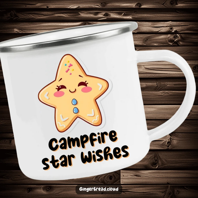 Funny camping mug showing a mischievous gingerbread star winking, covered in sprinkles.