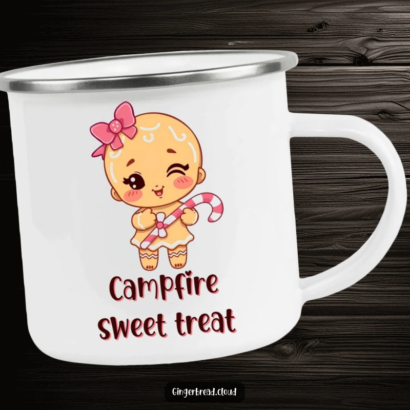 Funny gingerbread girl winking with a candy cane on a sturdy camping mug, ideal for hot beverages outdoors.