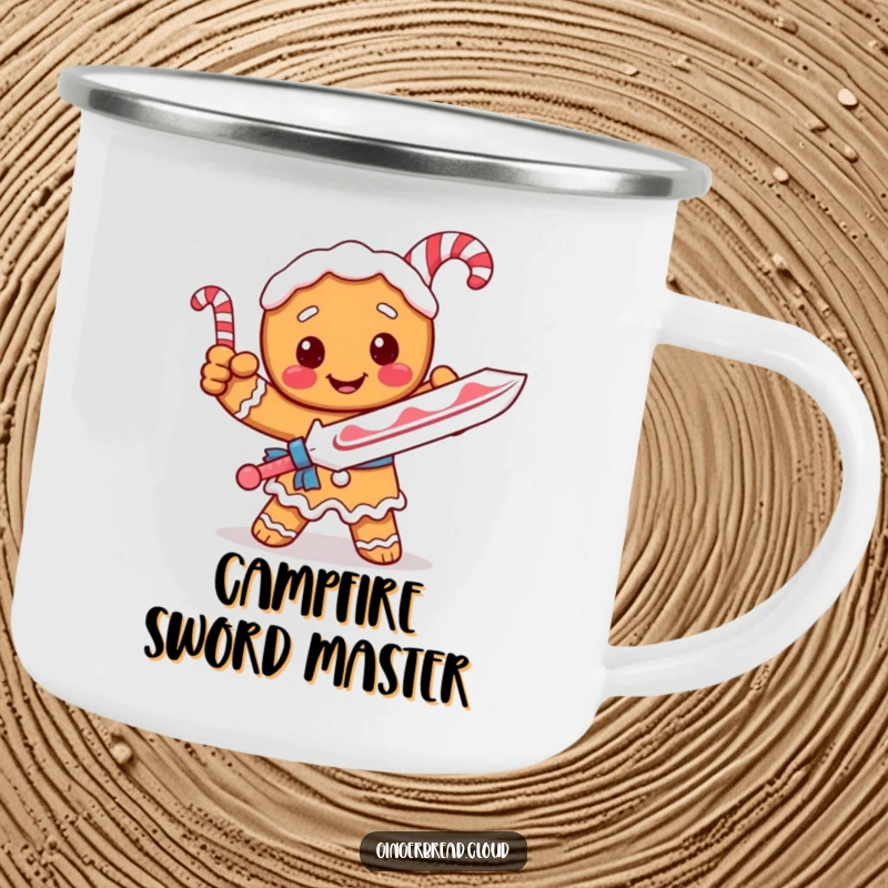 Funny camping mug featuring a gingerbread knight with a candy cane sword, ready for outdoor adventures.