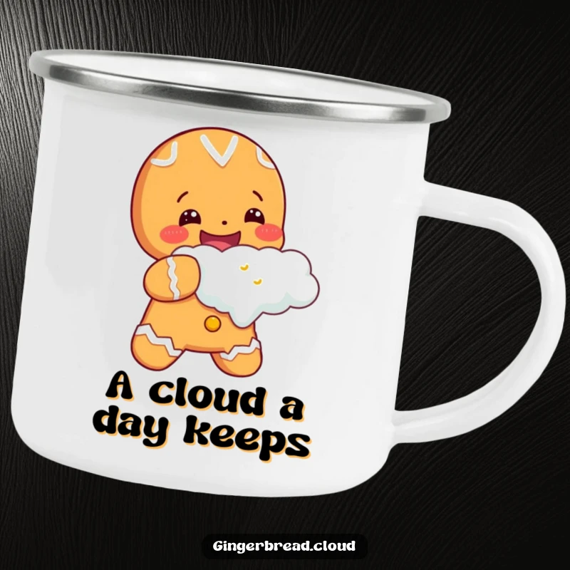 Cheerful gingerbread character taking a huge bite out of a cloud, designed for a rugged camping mug, bringing joy to outdoor activities.