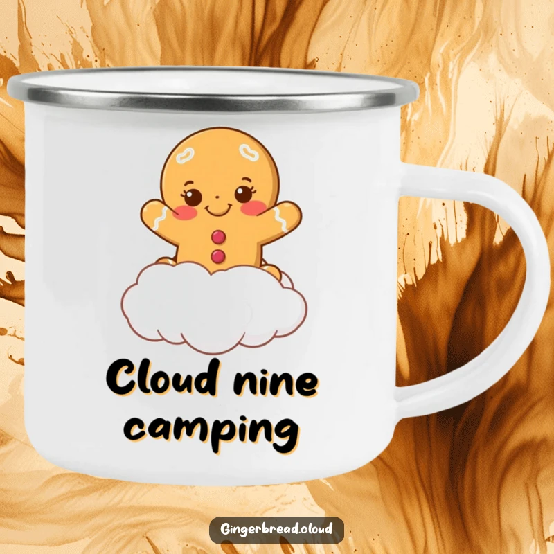Funny smiling gingerbread cookie leaping from a cloud on a sturdy camping mug. Perfect for enjoying holiday drinks outdoors.