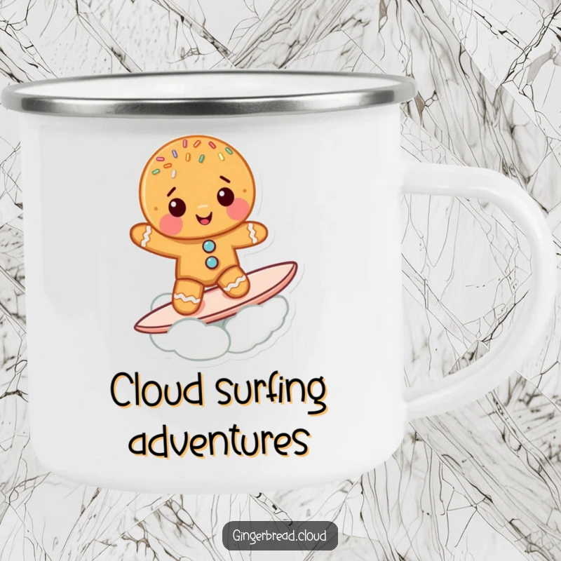 Funny Gingerbread Cookie Camping Mug: A cute gingerbread character surfs a cloud, perfect for enjoying drinks humorously outdoors.
