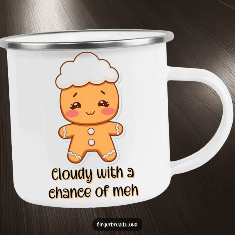 Funny gingerbread cookie character with a silly face, wearing a cloud hat, designed for a rugged camping mug, bringing humor outdoors.