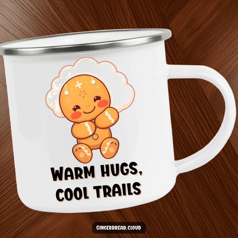Funny camping mug featuring a cute gingerbread man hugging a smiling cloud, perfect for enjoying warm drinks outdoors.