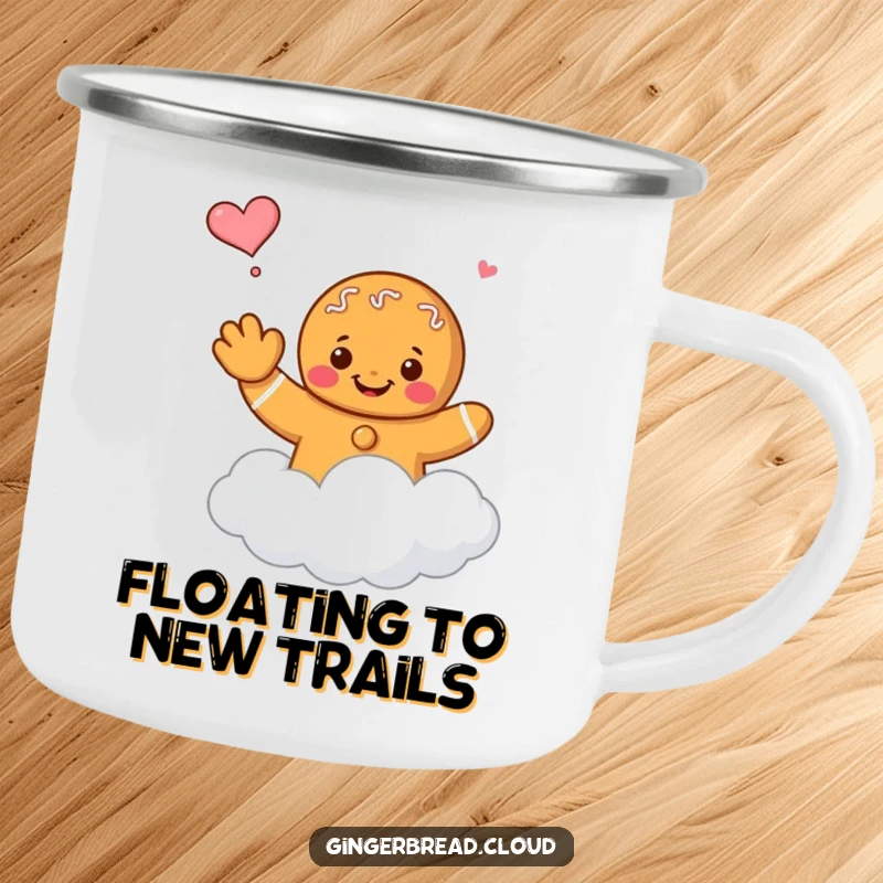Funny gingerbread character waving goodbye while floating on a cloud, on a sturdy camping mug.