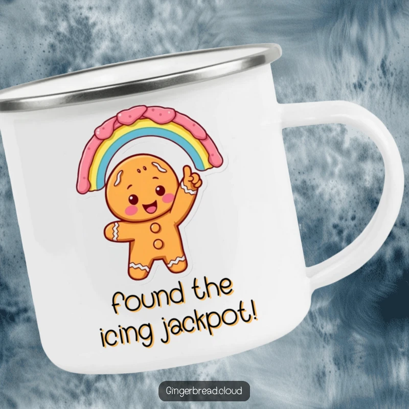 Excited gingerbread cookie character pointing at an icing rainbow, designed for a rugged camping mug, bringing cheer to outdoor activities.