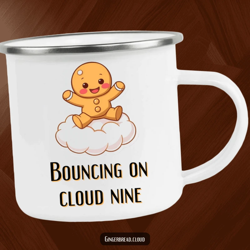 Funny gingerbread character bouncing on a fluffy cloud, on a sturdy camping mug.