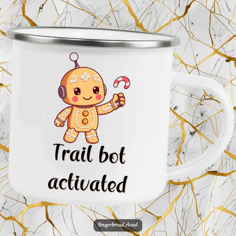 Funny campfire gingerbread robot mug, durable and humorous drinkware for outdoor tech enthusiasts.