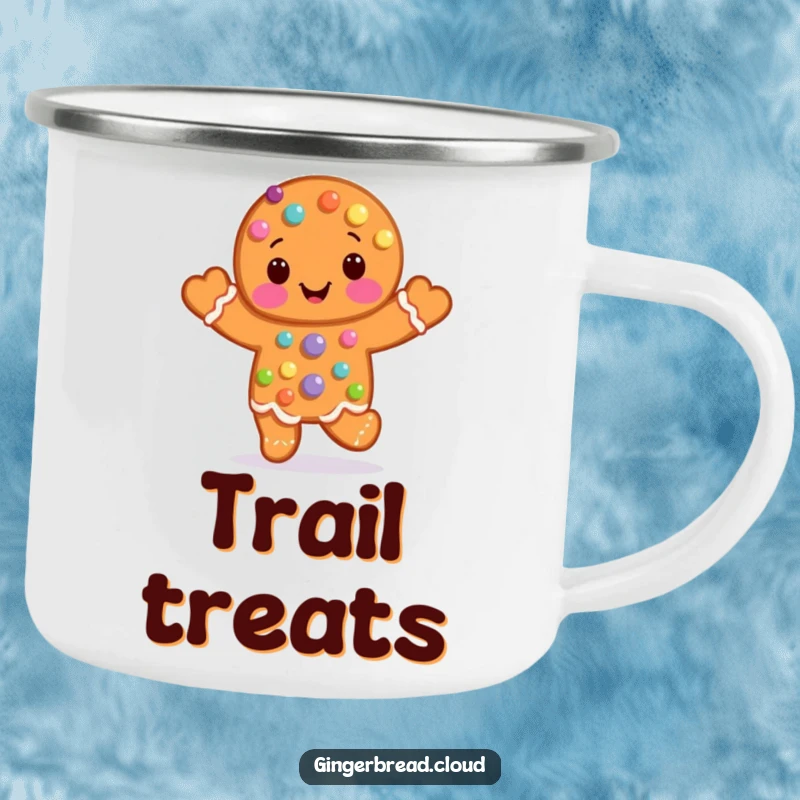 Funny Camping Mug showcasing a candy-covered gingerbread man in a cheerful hop, perfect for adventurers with a sweet tooth.