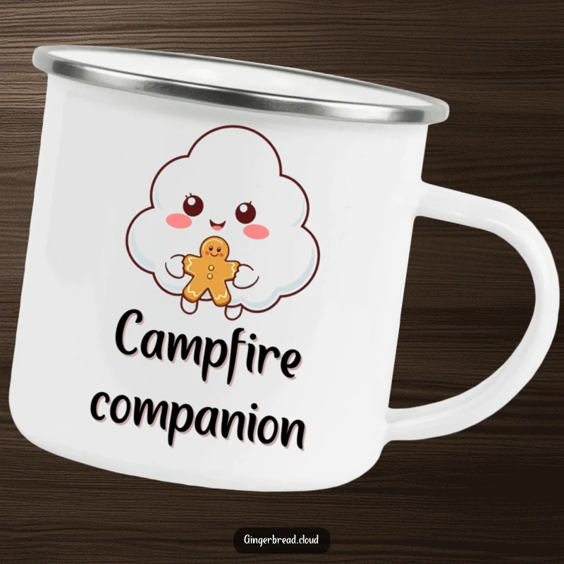 Funny cloud character camping mug, showcasing a smiling cloud offering a piece of gingerbread, built for sharing adventures.