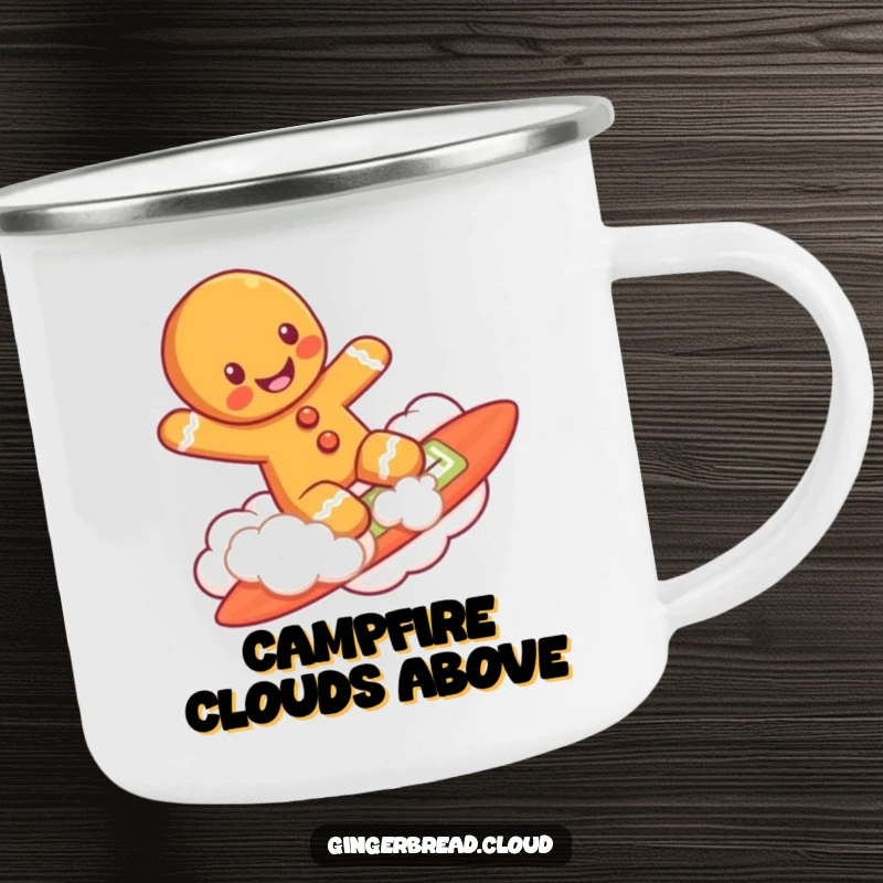 Funny gingerbread man character riding a cloud like a surfboard on a durable camping mug, ready for outdoor fun.