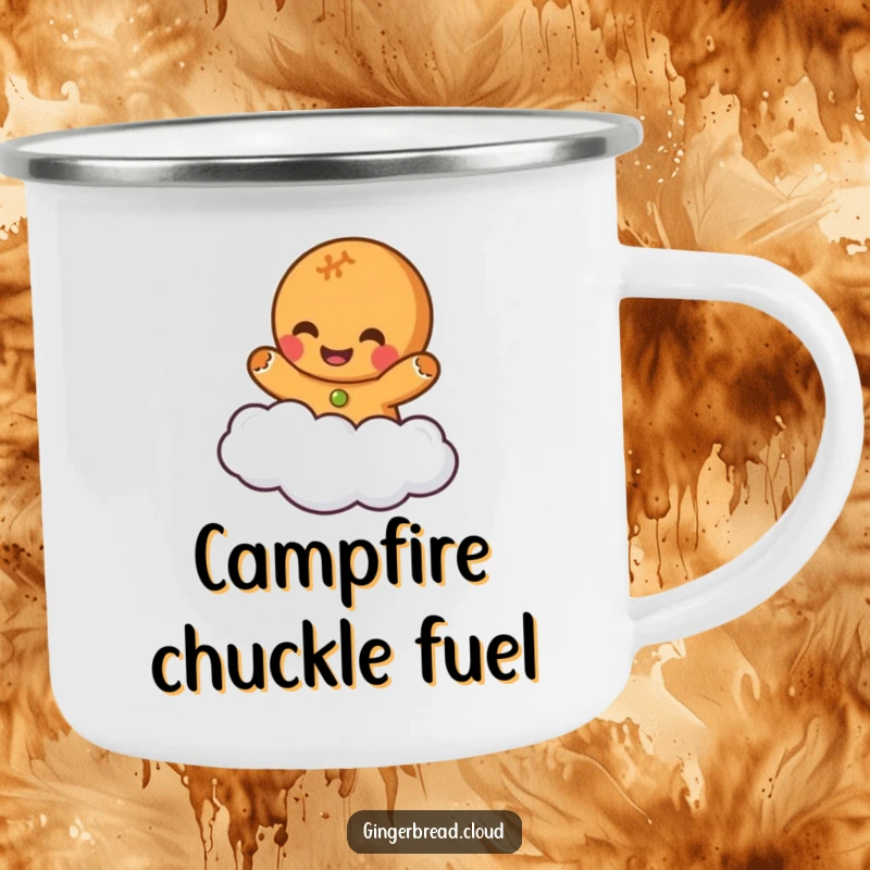 Funny durable camping mug showcasing a gingerbread character giggling on a cloud, perfect for joyful sips during outdoor adventures.