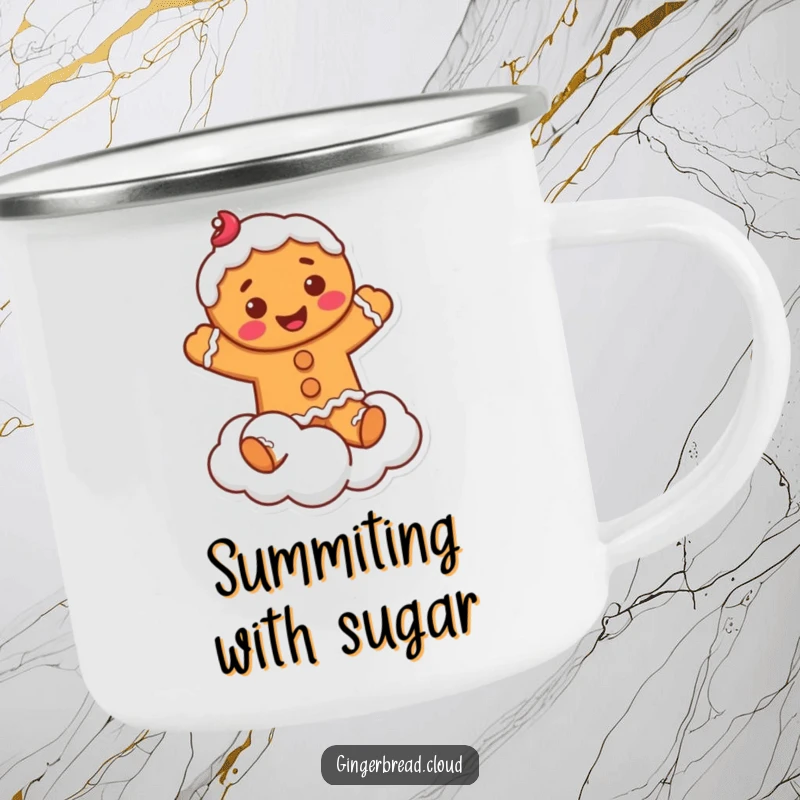 Funny Camping Mug: Enamel mug with a smiling gingerbread man with frosting, joyfully jumping on a fluffy cloud.