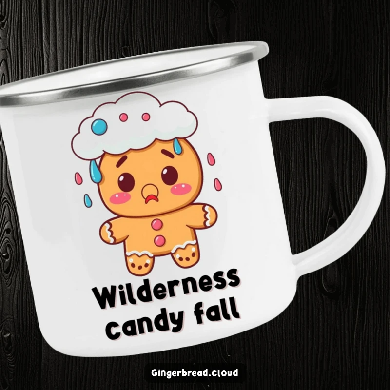 Funny gingerbread camping mug featuring a surprised character watching a cloud rain candy, perfect for outdoor fun.