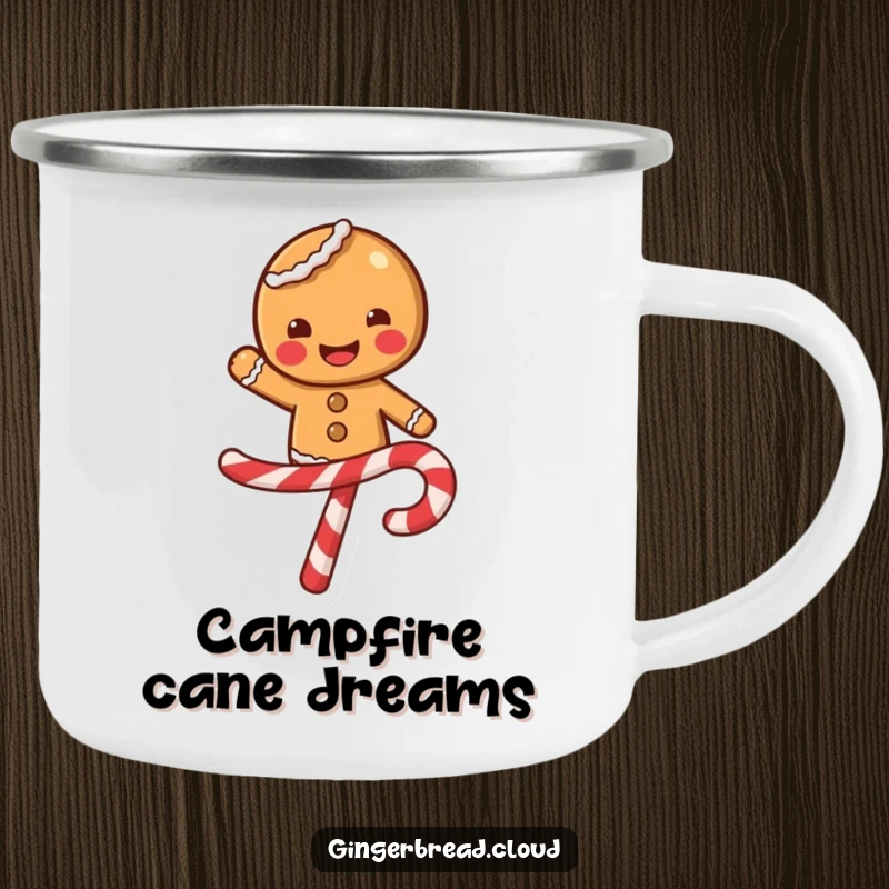 Funny gingerbread character with a wide smile balancing on a swirling candy cane, durable camping mug, festive and cheerful outdoor accessory.