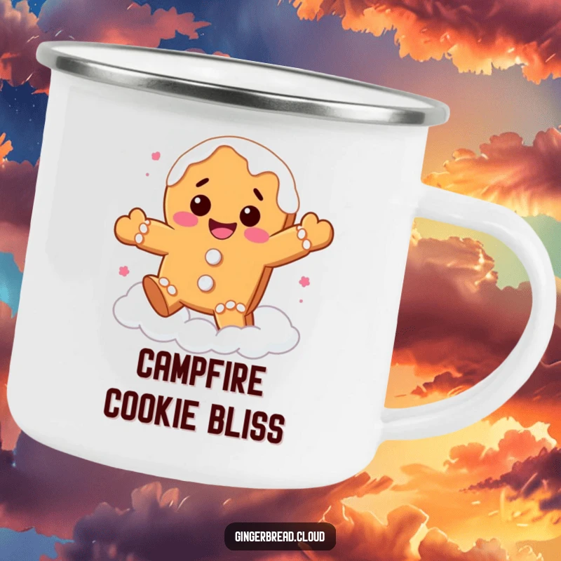 Funny gingerbread cookie camping mug showing a happy character bouncing on clouds, ready for sweet sips and outdoor fun.