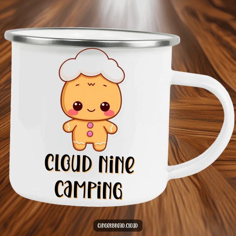 Funny camping mug showing a gingerbread character with a cloud hat, perfect for sweet dreamers and outdoor fans.