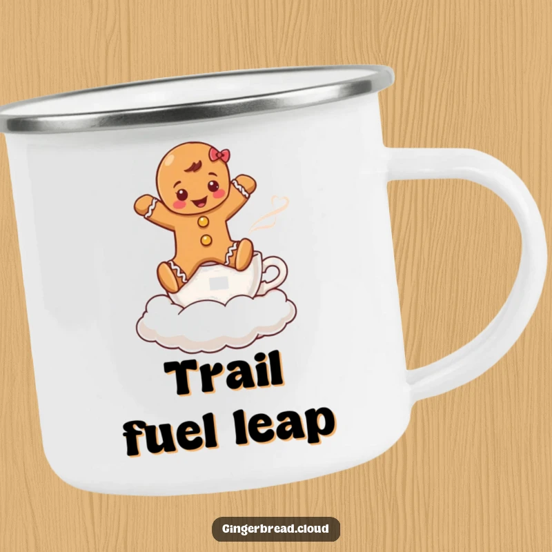 Funny camping mug showing a gingerbread boy jumping over a coffee cup cloud, perfect for holiday lovers and outdoor fans.
