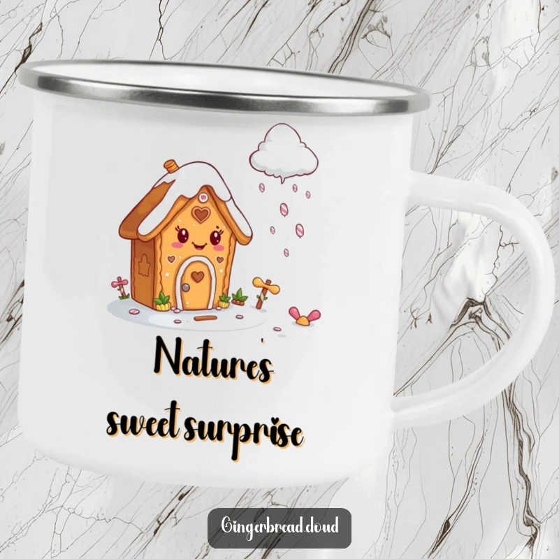 Funny camping mug featuring a happy gingerbread house with icing, enjoying a magical candy rain scene.