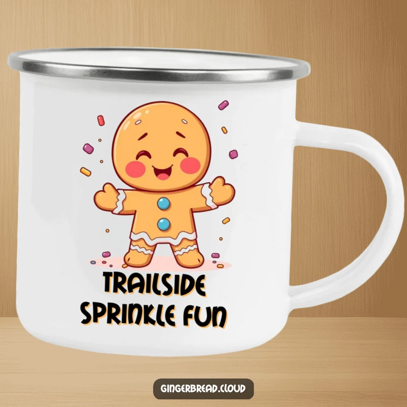 Funny camping mug featuring a gingerbread man juggling candy sprinkles, perfect for outdoor enjoyment.