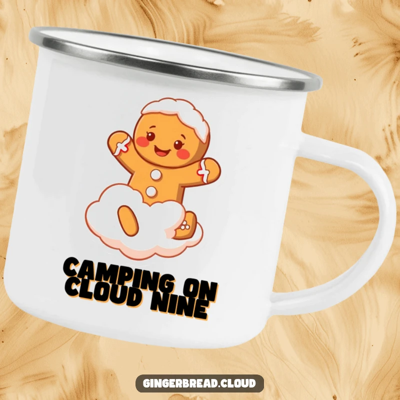 Funny Gingerbread Man Camping Mug: A happy gingerbread man jumping on a cloud, perfect for enjoying drinks humorously outdoors.