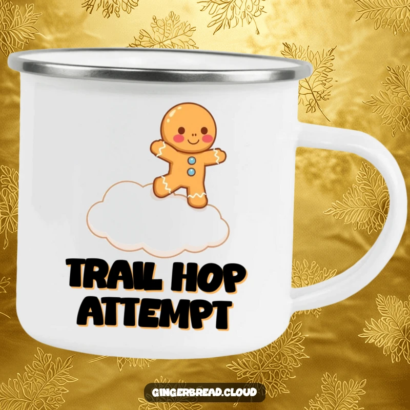 Funny lopsided gingerbread man comically attempts to hop onto a cloud on this camping mug, perfect for humorous outdoor drinks.