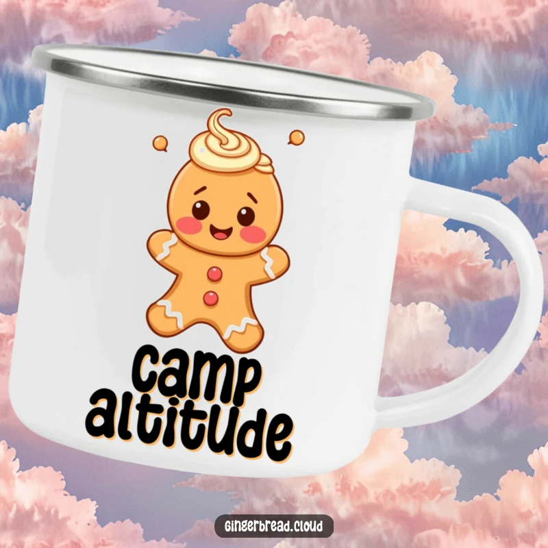Funny camping mug with a happy gingerbread person and icing swirls, floating upwards, perfect for outdoor adventures.