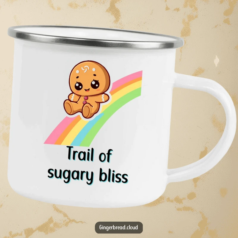 Funny camping mug with a cheerful gingerbread character joyfully sliding down a rainbow, designed for outdoor fun.